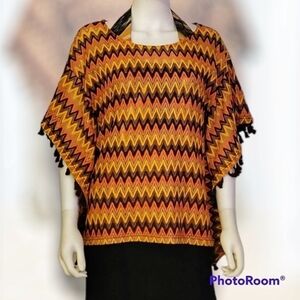 All AT ONCE Retro Zigzag Chevron Tassel Poncho Festival Blouse Small Medium